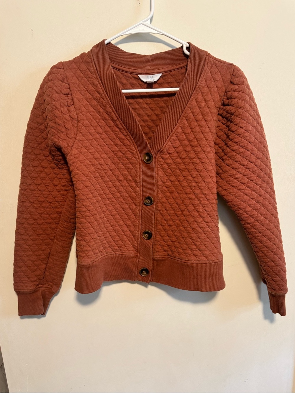 Time and Tru Quilted Rust Button-Front Cardigan